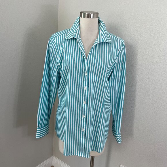 Foxcroft Tops - Foxcroft Womens XL Wrinkle Free Turquoise White Striped Button Up Shirt Blouse
